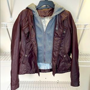 Brown Leather Jacket with Removable Zip Up Hoodie